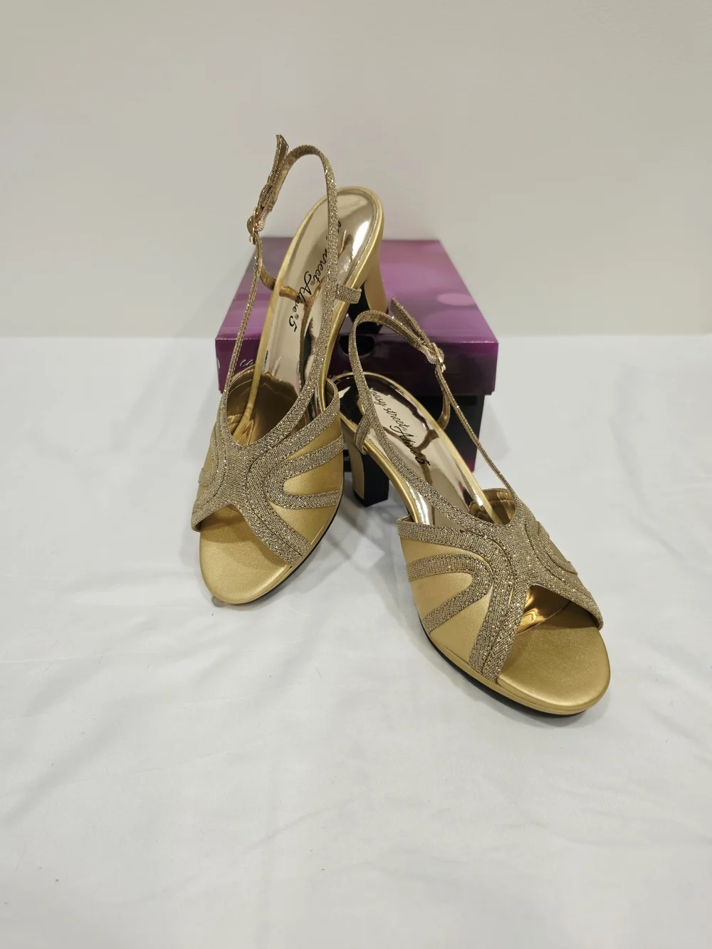 easy street Gold Satin Glitter Starlight Wide Size 10 Slingback Heels